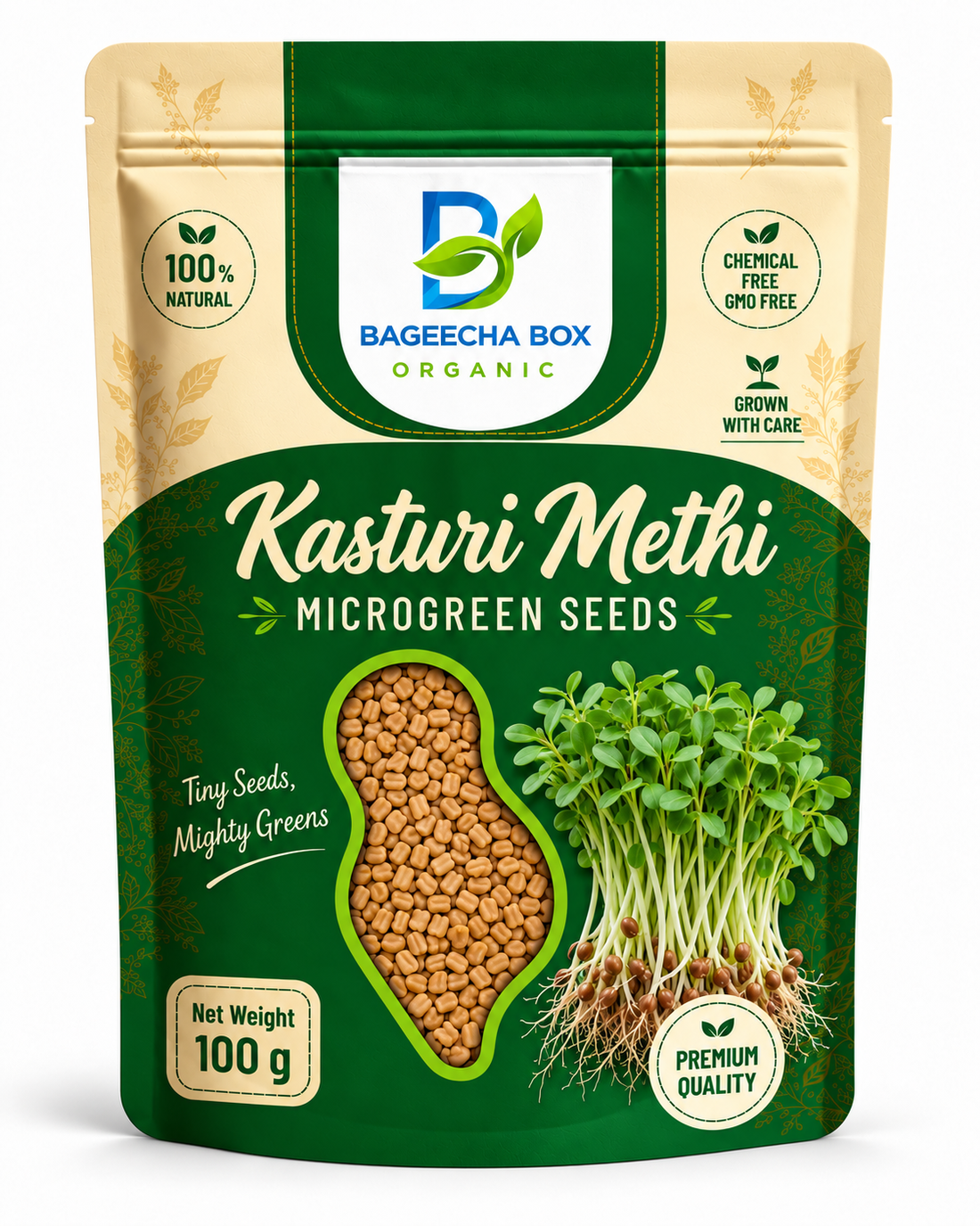 BageechaBox kasturi methi microgreen seed pouch, front label