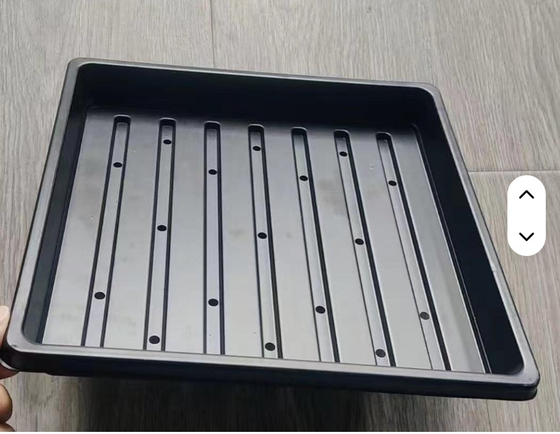 Close-up of BageechaBox 10x10 drainage tray holes – even water flow for healthy microgreen roots