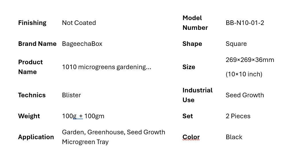 BageechaBox 10x10 microgreen tray full specifications – weight, dimensions, and material breakdown