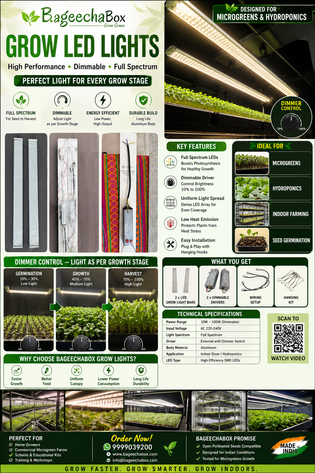 BageechaBox full spectrum LED grow light packaging – set of 2, features and specs for microgreens India