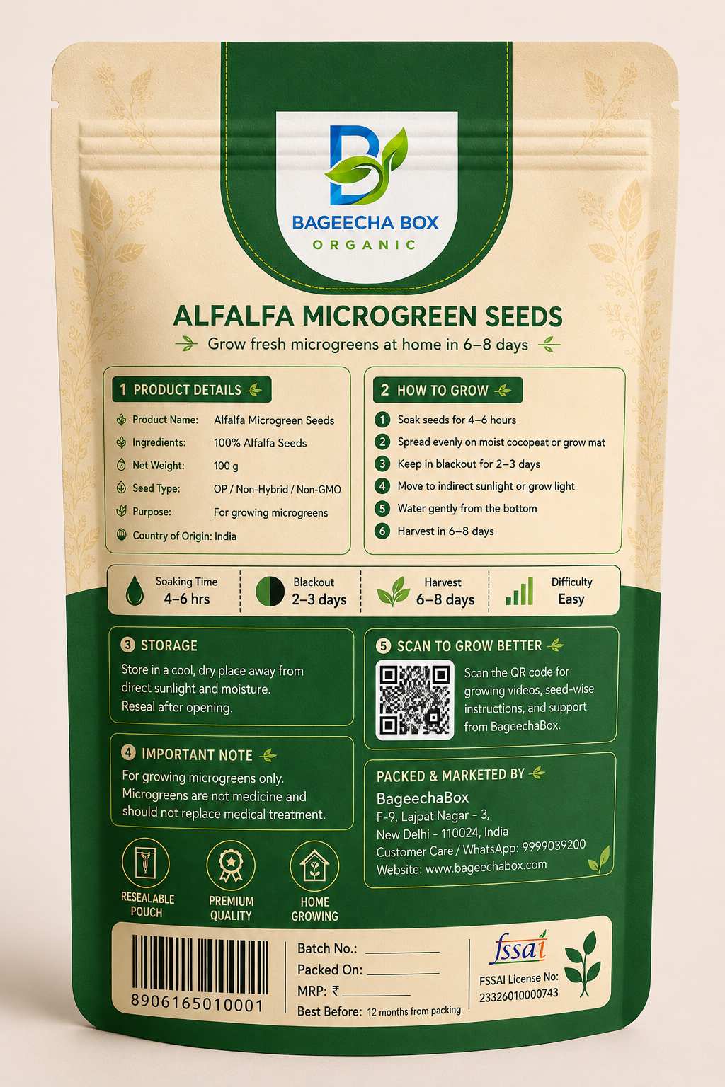 Alfalfa microgreen seeds pack – back label with growing instructions | BageechaBox