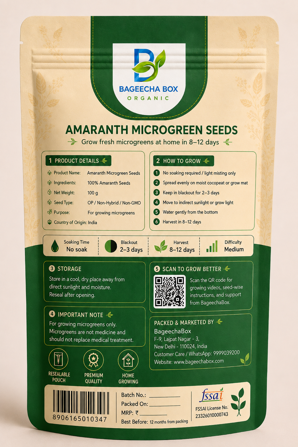 Amaranth microgreen seeds pack – back label with growing instructions | BageechaBox