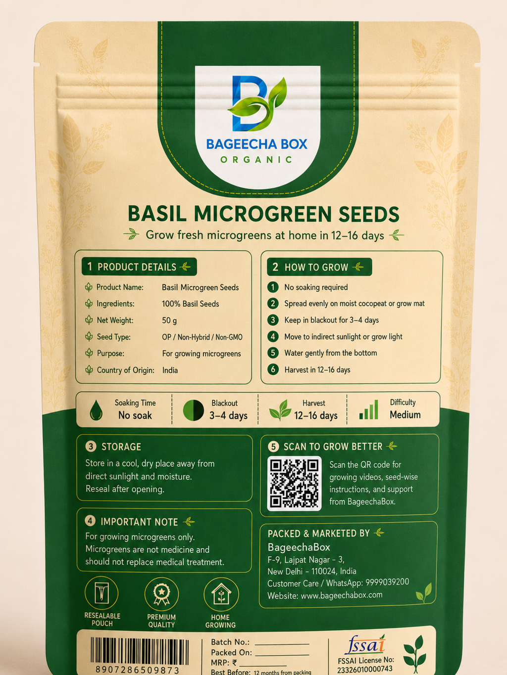 Basil microgreen seeds pack – back label with growing instructions | BageechaBox