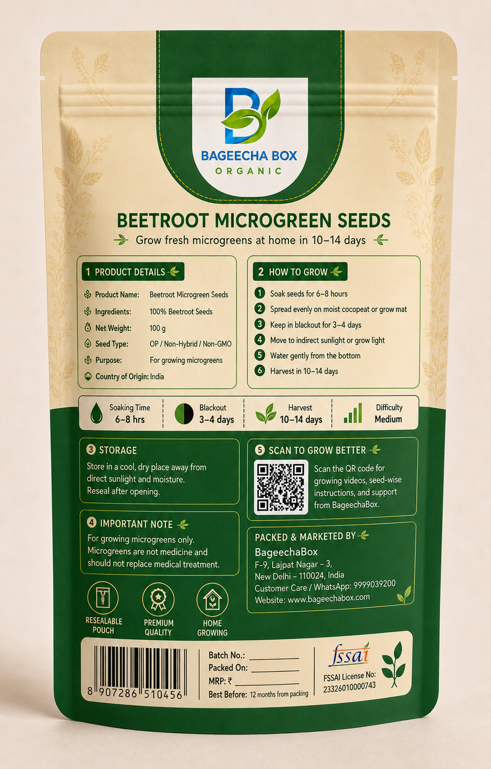 Beetroot microgreen seeds pack – back label with growing instructions | BageechaBox