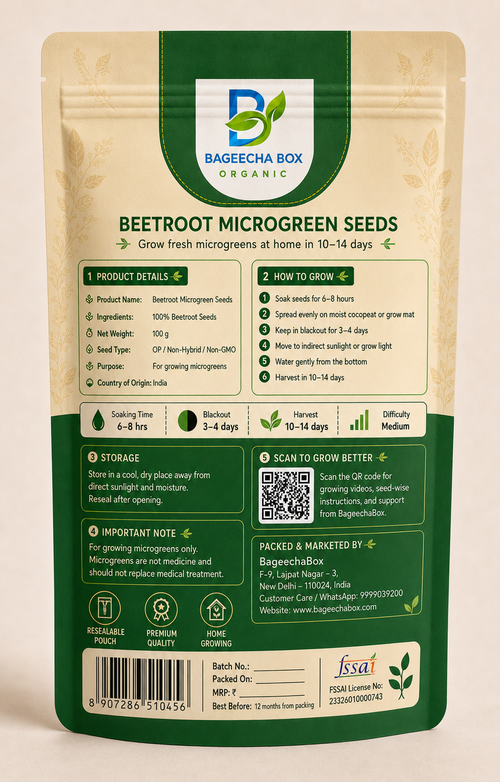Beetroot microgreen seeds pack – back label with growing instructions | BageechaBox