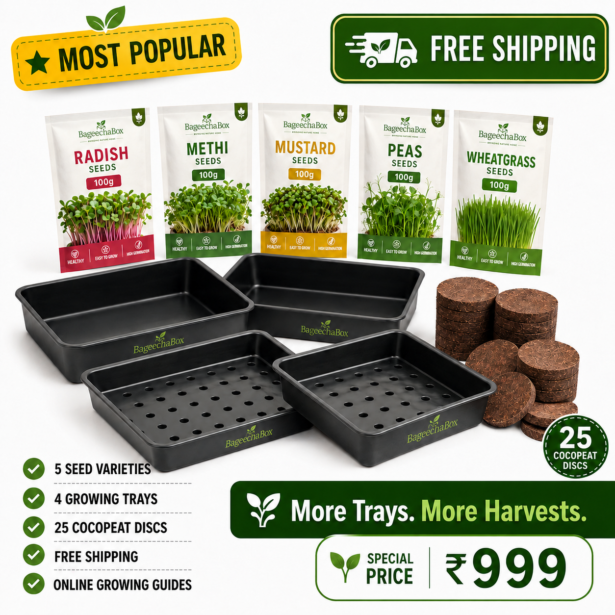 BageechaBox Beginner Plus Microgreens Kit – non-GMO radish, methi, mustard, peas and wheatgrass seeds with 4 growing trays, free shipping