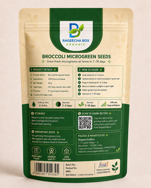 Broccoli microgreen seeds pack – back label with growing instructions | BageechaBox