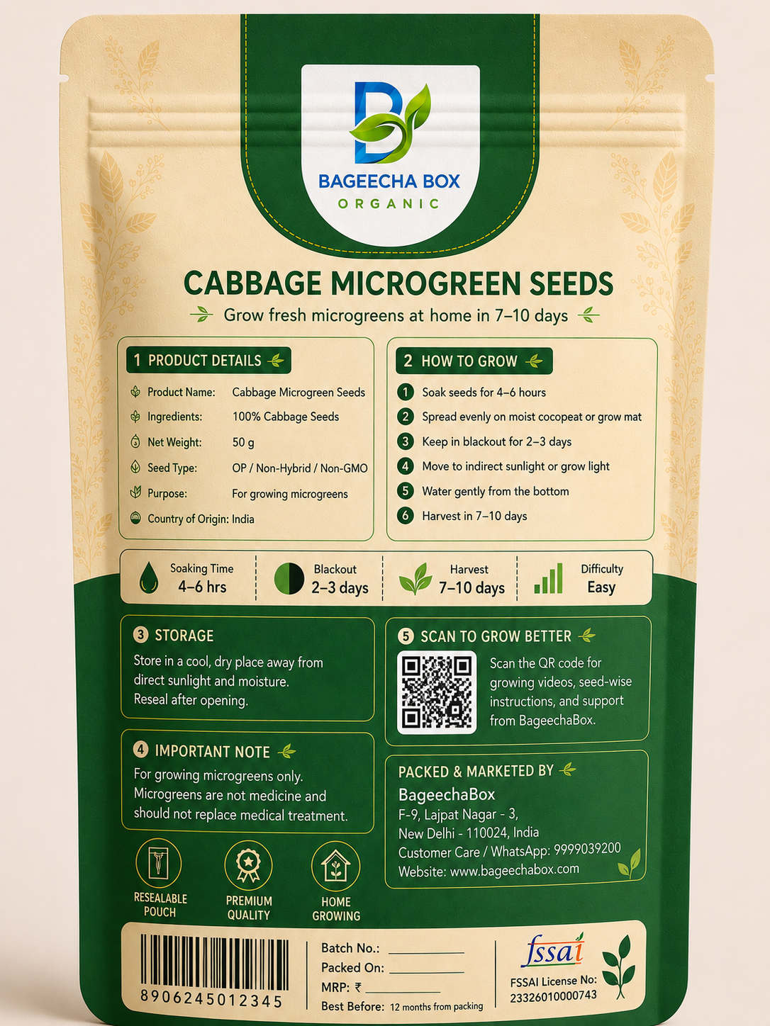 Cabbage microgreen seeds pack – back label with growing instructions | BageechaBox