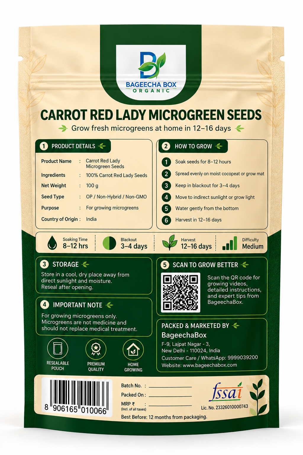 Carrot Red Lady microgreen seeds back – growing guide, nutrition info | BageechaBox India