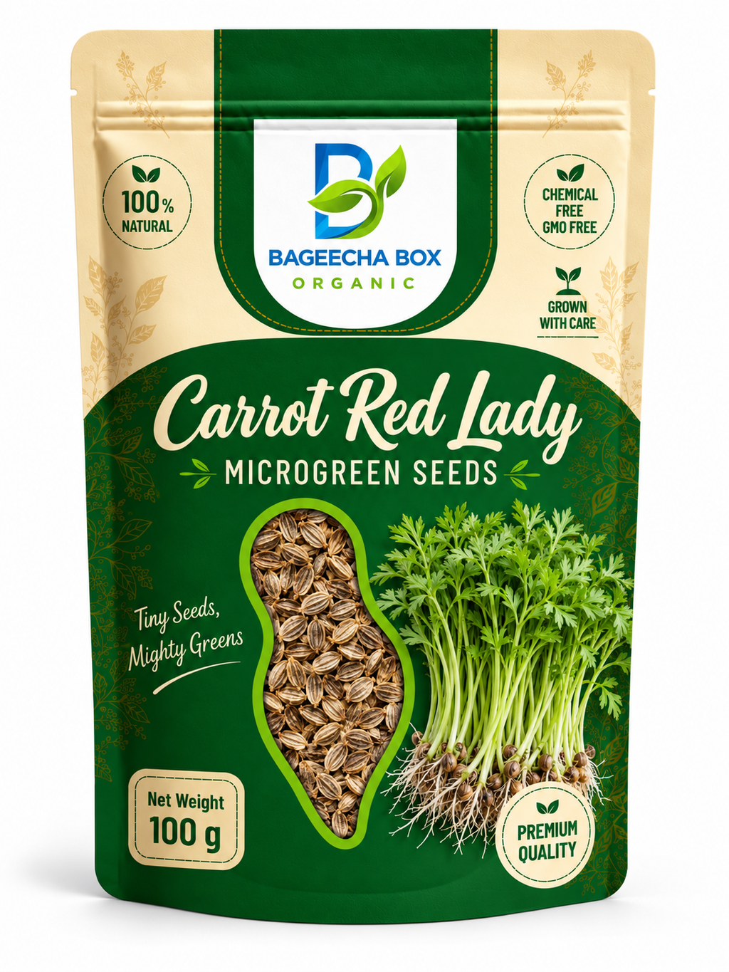 Carrot Red Lady microgreen seeds front – non-GMO, vitamin-rich, high germination | BageechaBox India