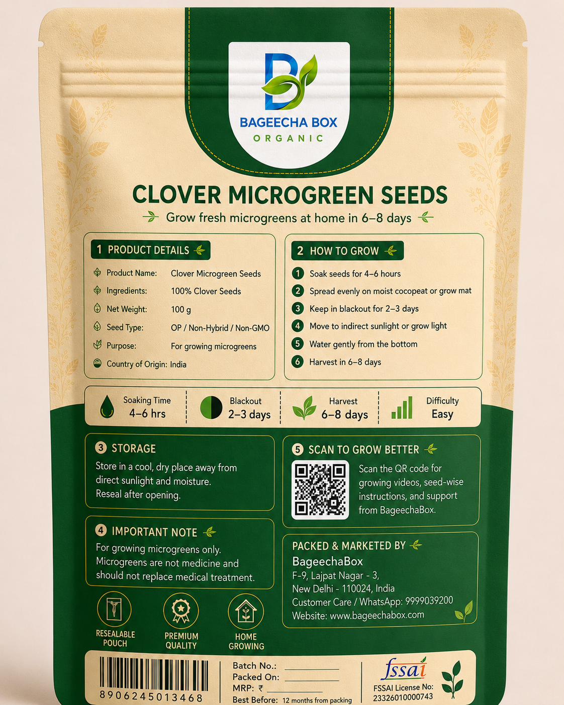 Clover microgreen seeds pack – back label with growing instructions | BageechaBox