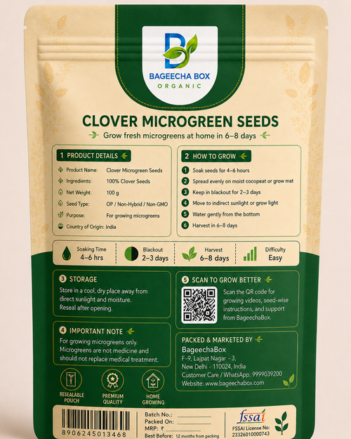 Clover microgreen seeds pack – back label with growing instructions | BageechaBox