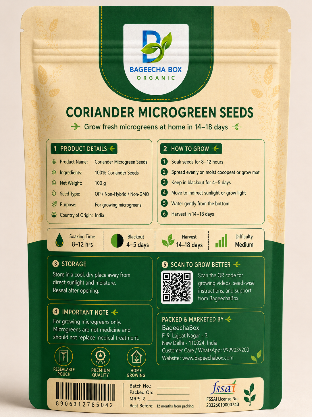 Coriander Dhaniya microgreen seeds pack – back label with growing instructions | BageechaBox