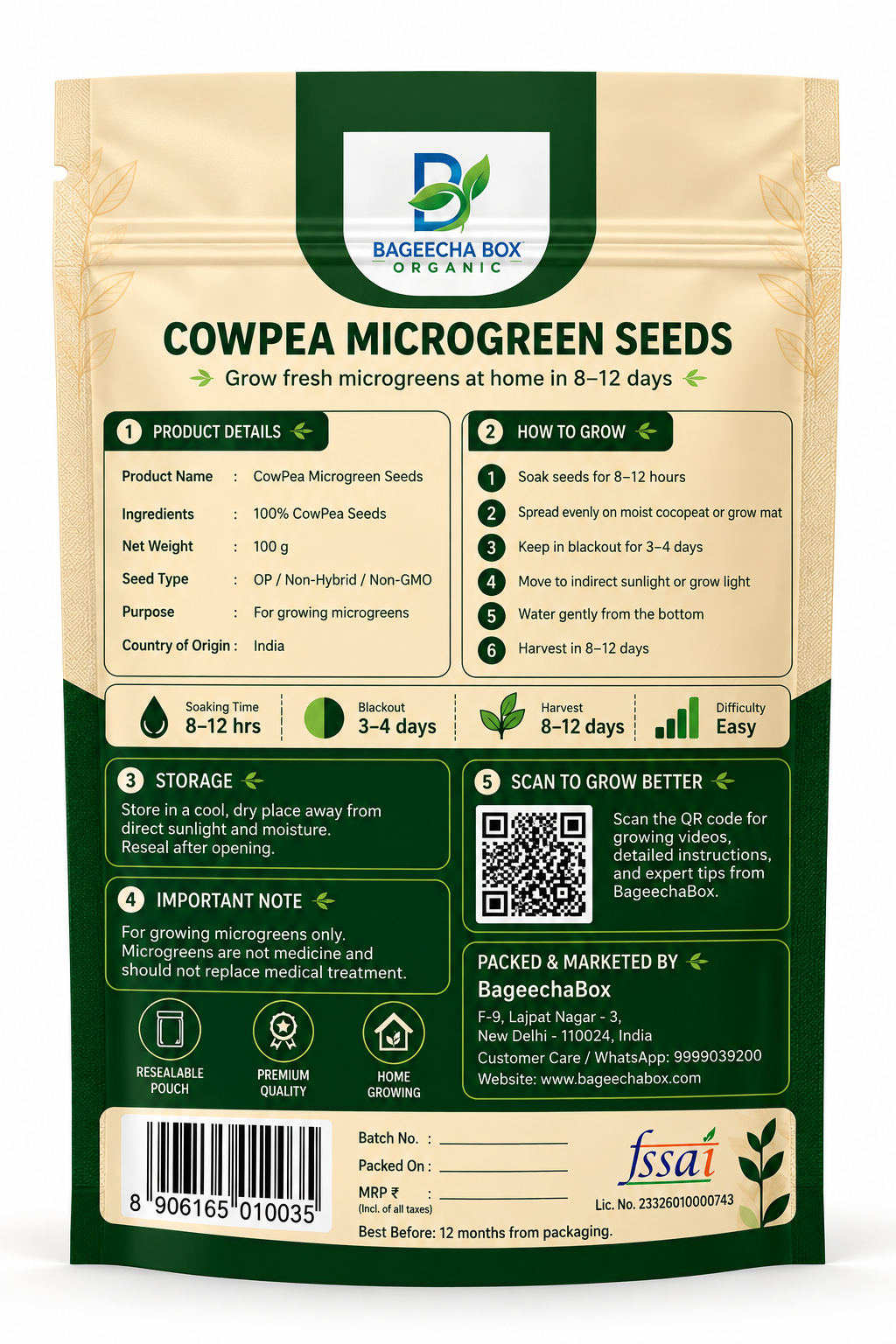 Cowpea microgreen seeds back – growing guide, nutrition info | BageechaBox India