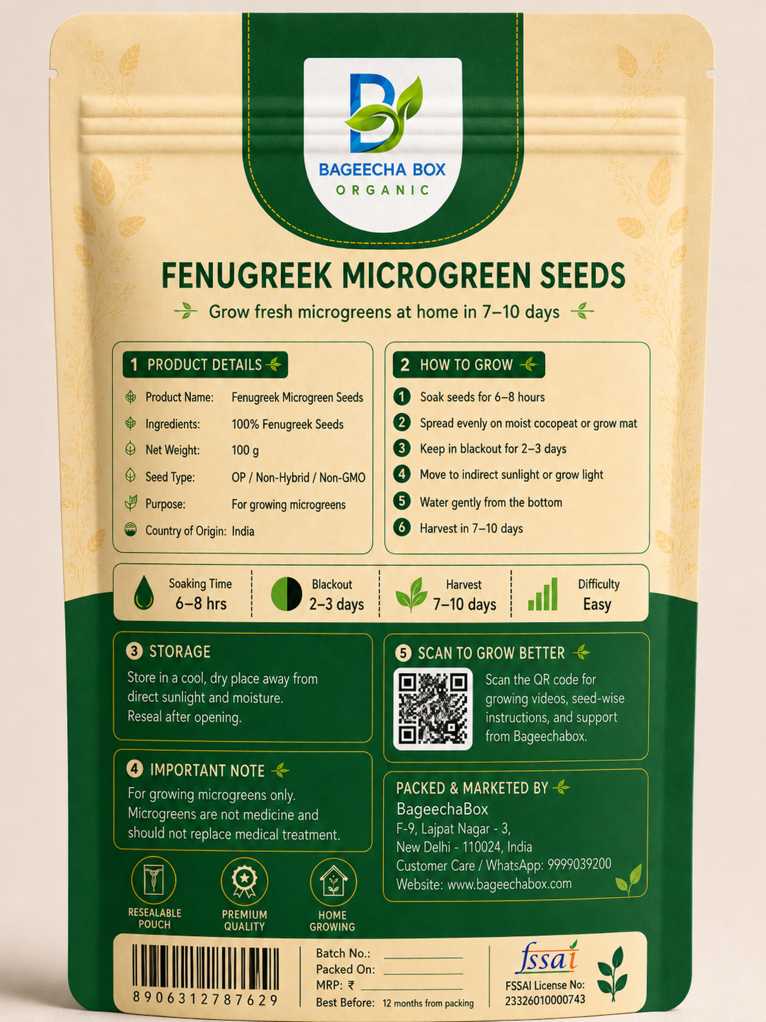 Fenugreek Methi microgreen seeds pack – back label with growing instructions | BageechaBox