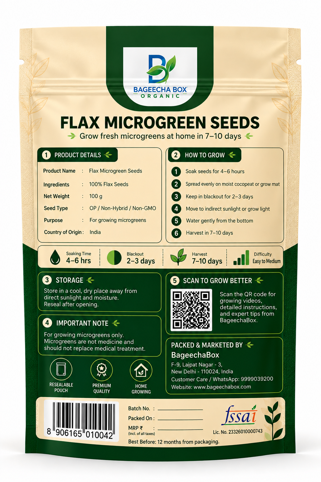 Flax microgreen seeds back – growing guide, nutrition info | BageechaBox India