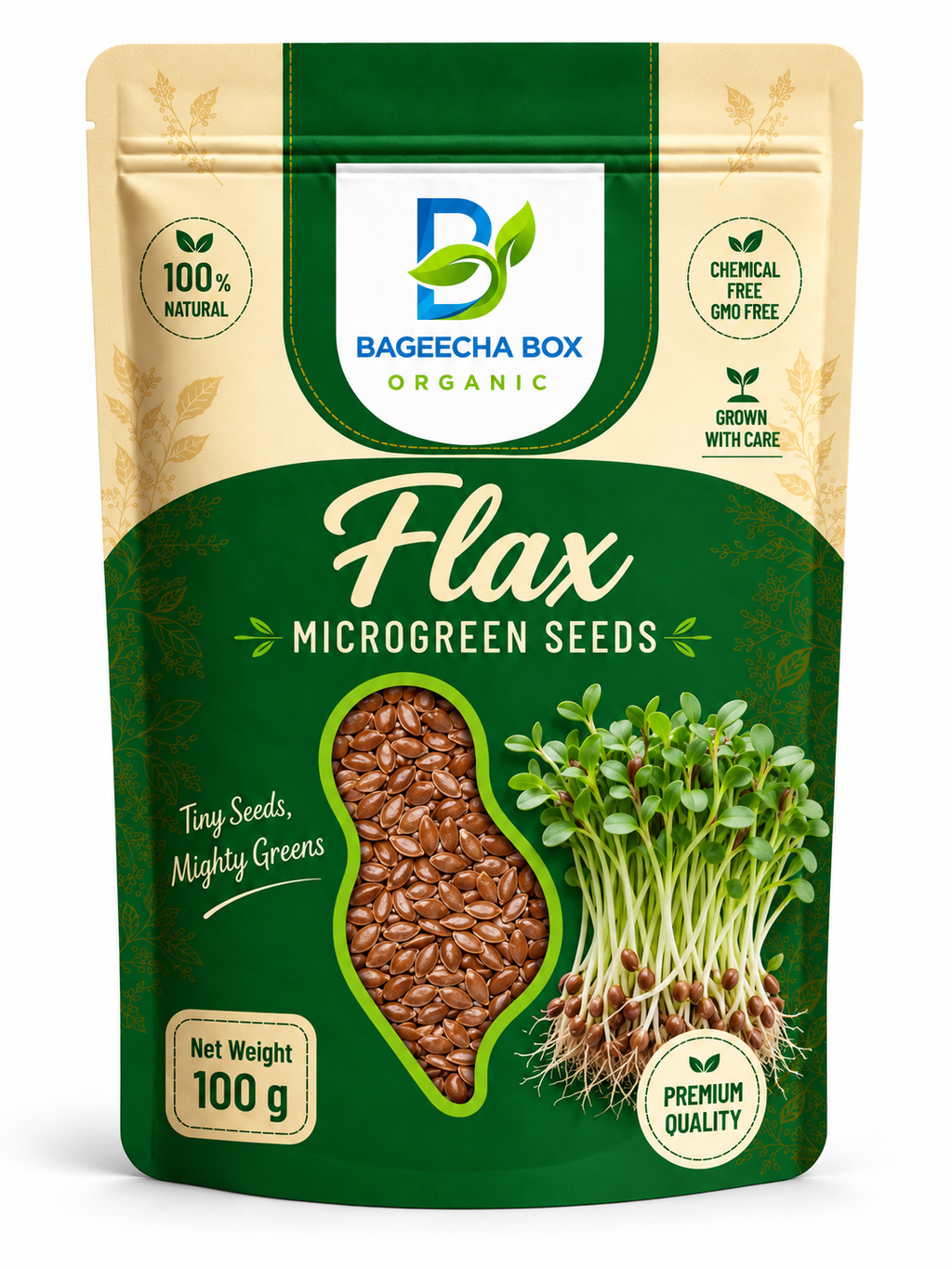 Flax microgreen seeds front – non-GMO, omega-3 rich, high germination | BageechaBox India