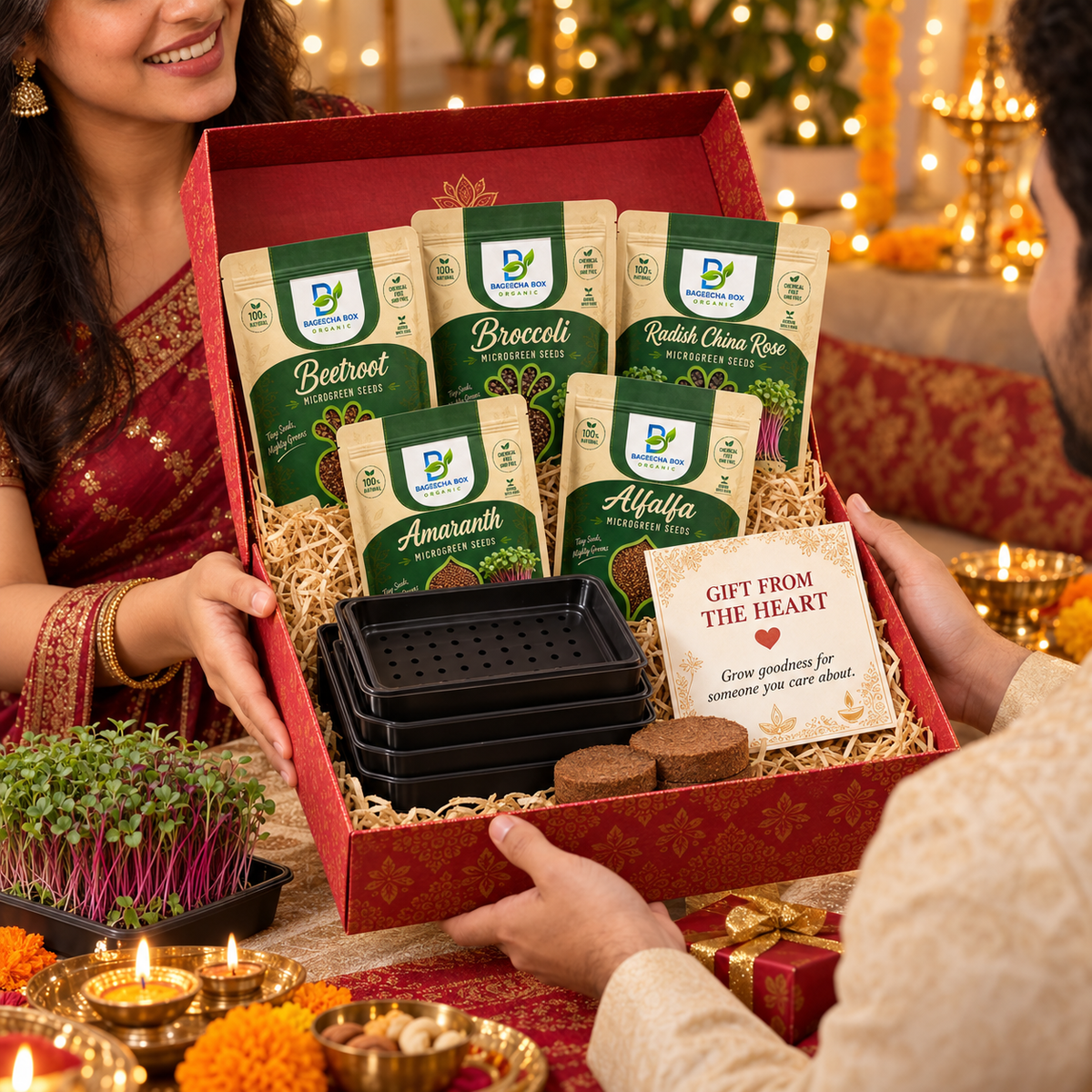 BageechaBox Diwali Gift Kit — Gift from the Heart — second view, beetroot, broccoli, radish china rose, red amaranth and alfalfa microgreen kit contents