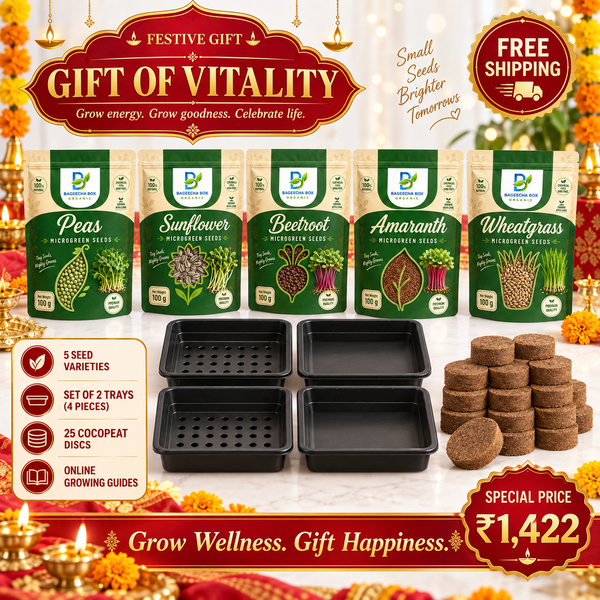BageechaBox Diwali Gift Kit — Gift of Vitality — pea shoots, sunflower, beetroot, red amaranth and wheatgrass microgreen kit, festive gift packaging