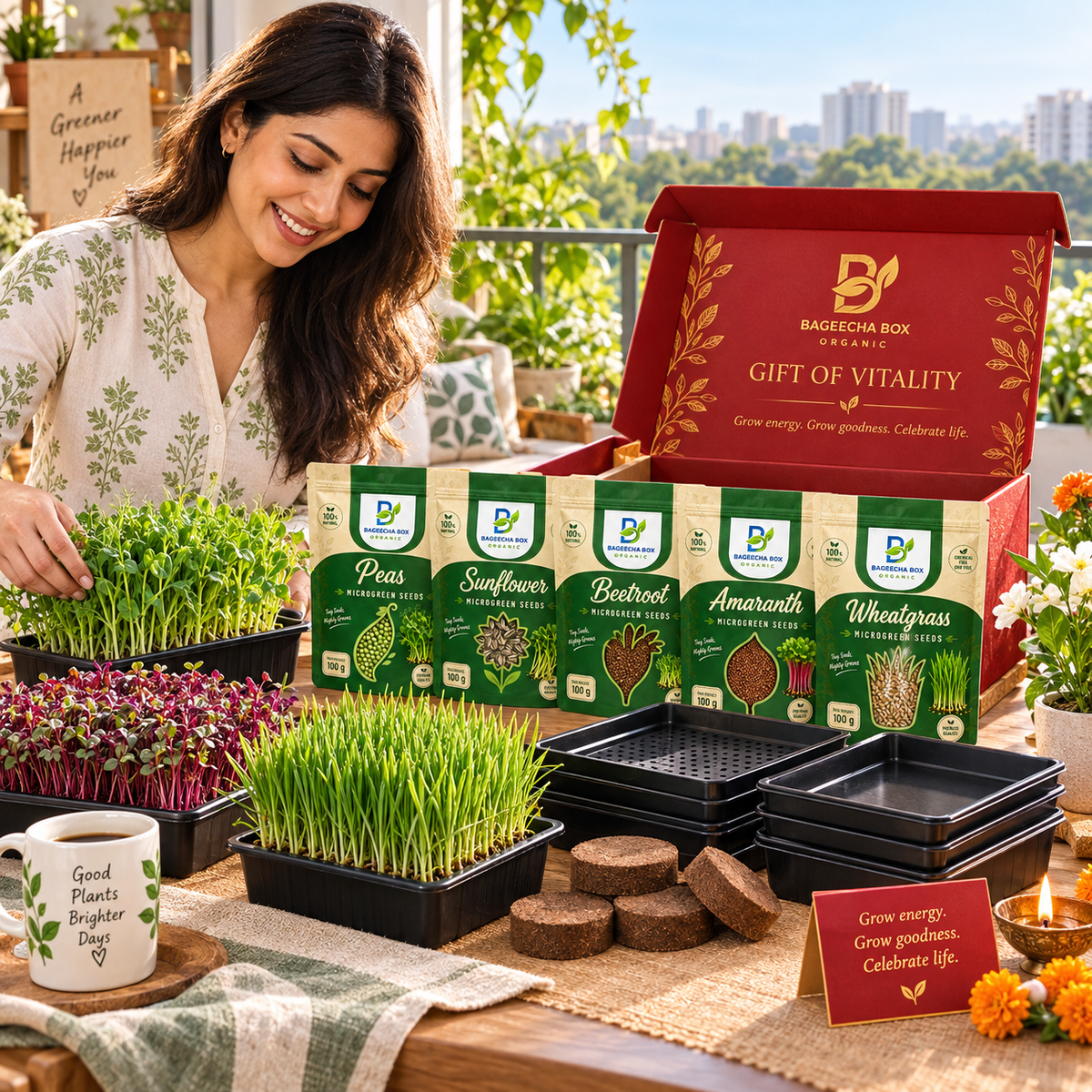BageechaBox Diwali Gift Kit — Gift of Vitality — second view, pea shoots, sunflower, beetroot, red amaranth and wheatgrass microgreen kit contents