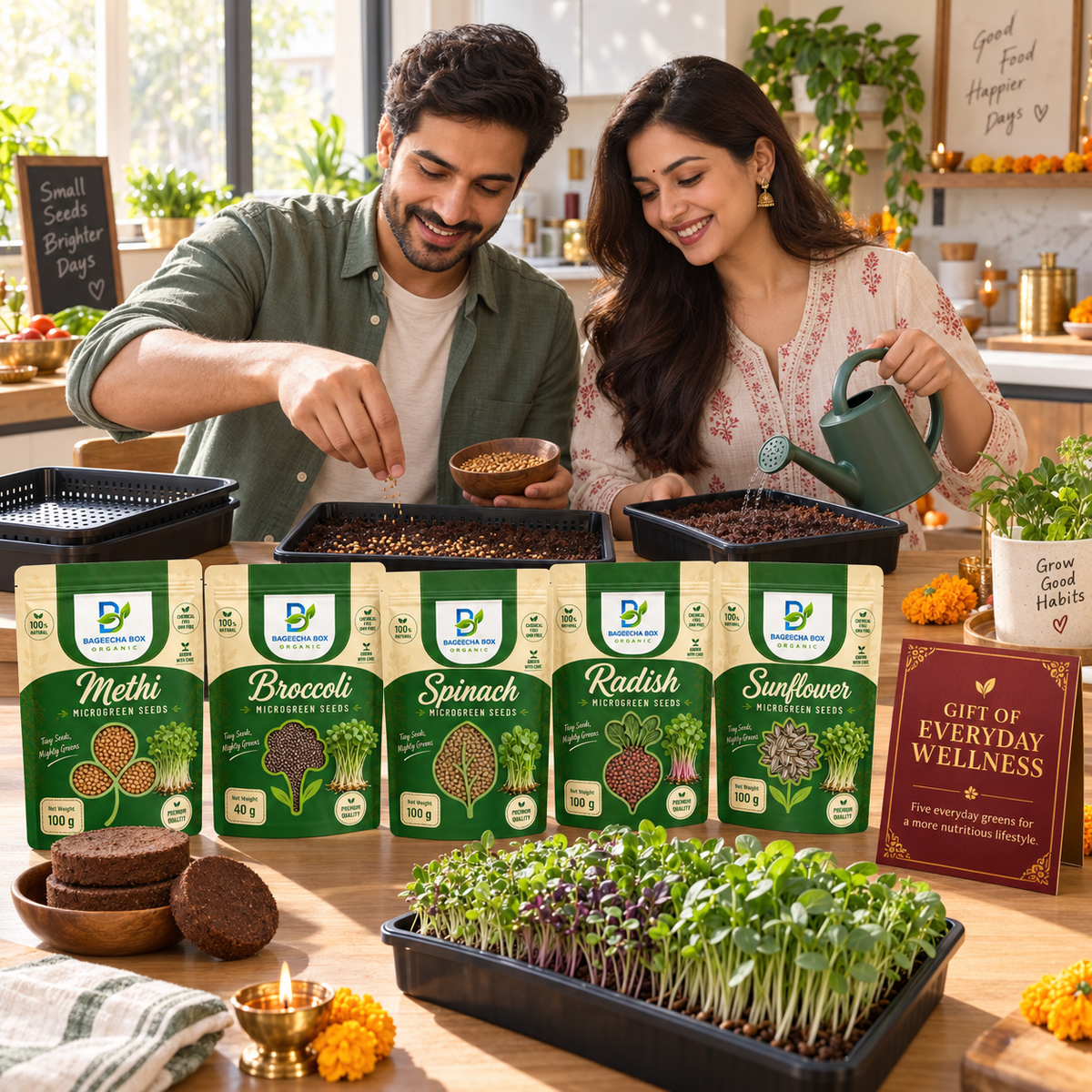 BageechaBox Diwali Gift Kit — Gift of Everyday Wellness — second view, methi, broccoli, spinach, radish and sunflower microgreen kit contents