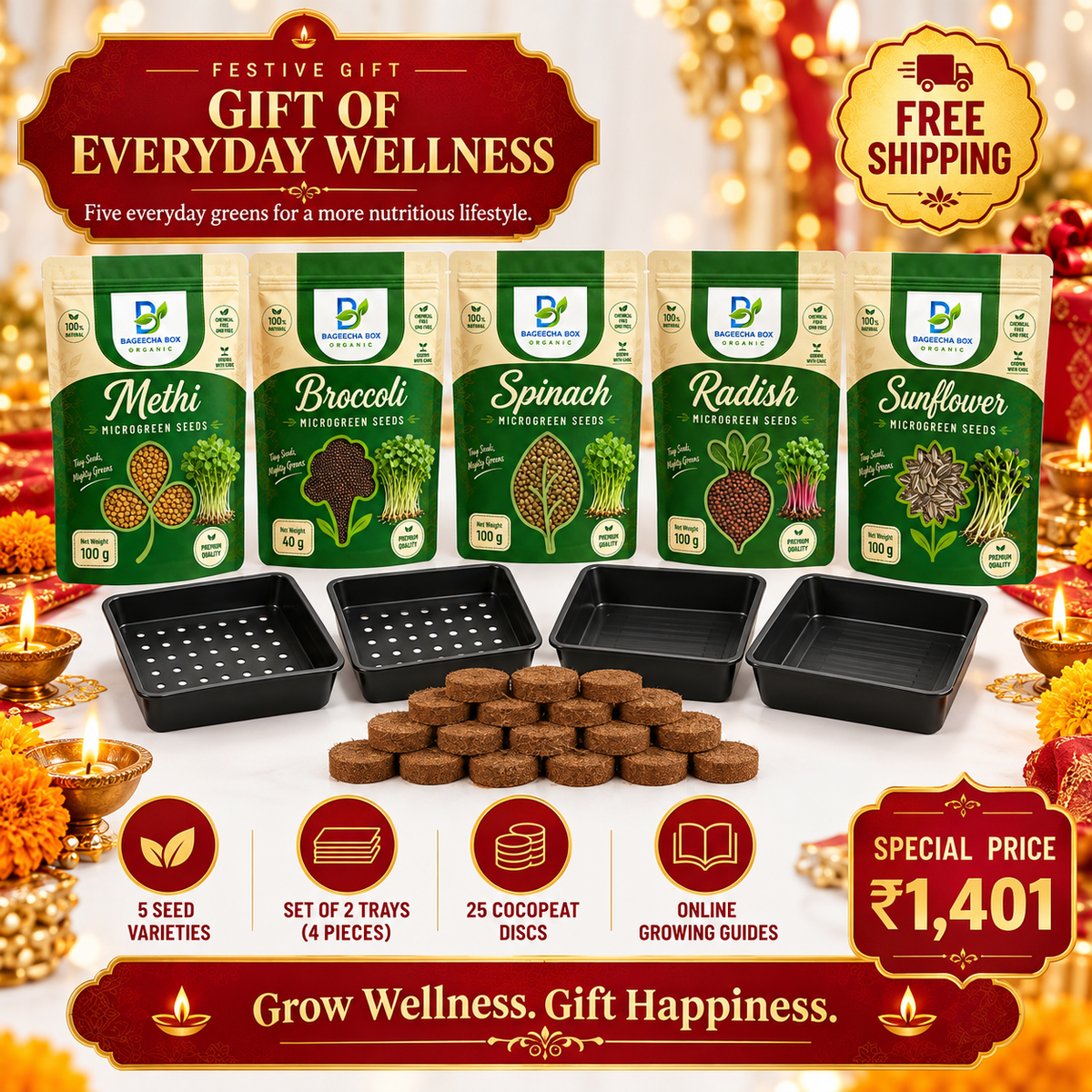 BageechaBox Diwali Gift Kit — Gift of Everyday Wellness — methi, broccoli, spinach, radish and sunflower microgreen kit, festive gift packaging