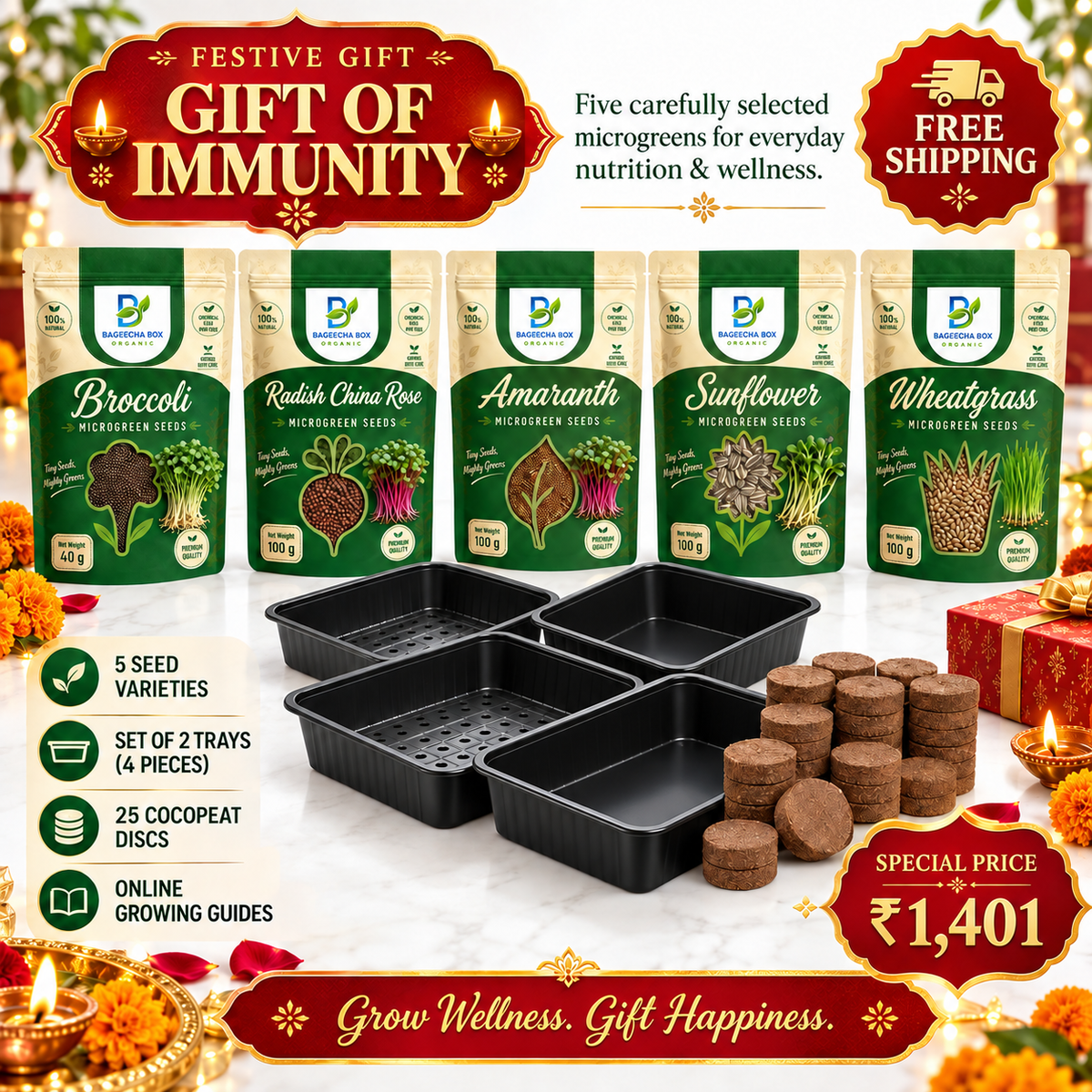 BageechaBox Diwali Gift Kit — Gift of Immunity — broccoli, radish china rose, red amaranth, sunflower and wheatgrass microgreen kit, festive gift packaging