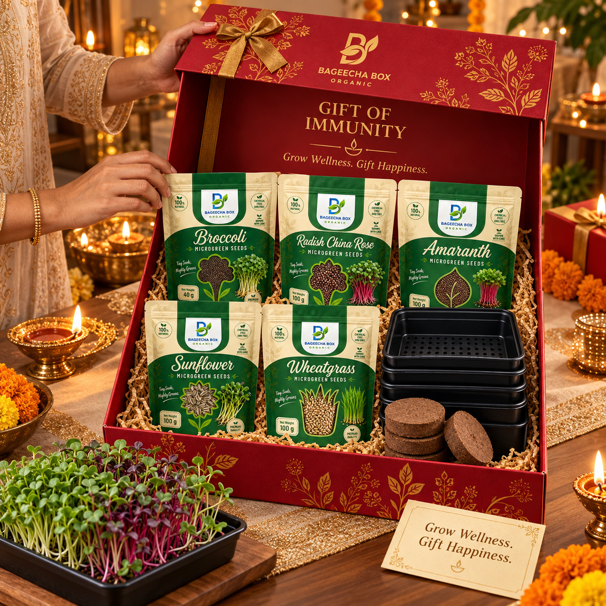 BageechaBox Diwali Gift Kit — Gift of Immunity — second view, broccoli, radish china rose, red amaranth, sunflower and wheatgrass microgreen kit contents