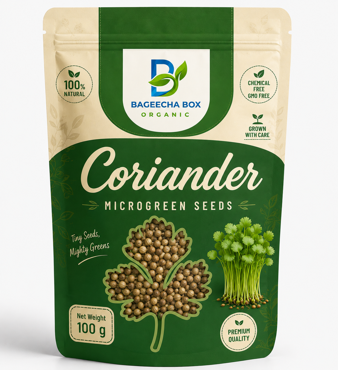 BageechaBox coriander microgreen seed pouch, front label