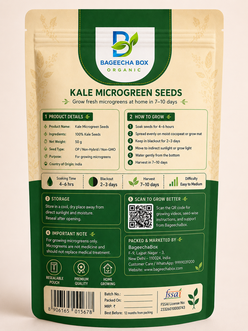 Kale microgreen seeds pack – back label with growing instructions | BageechaBox