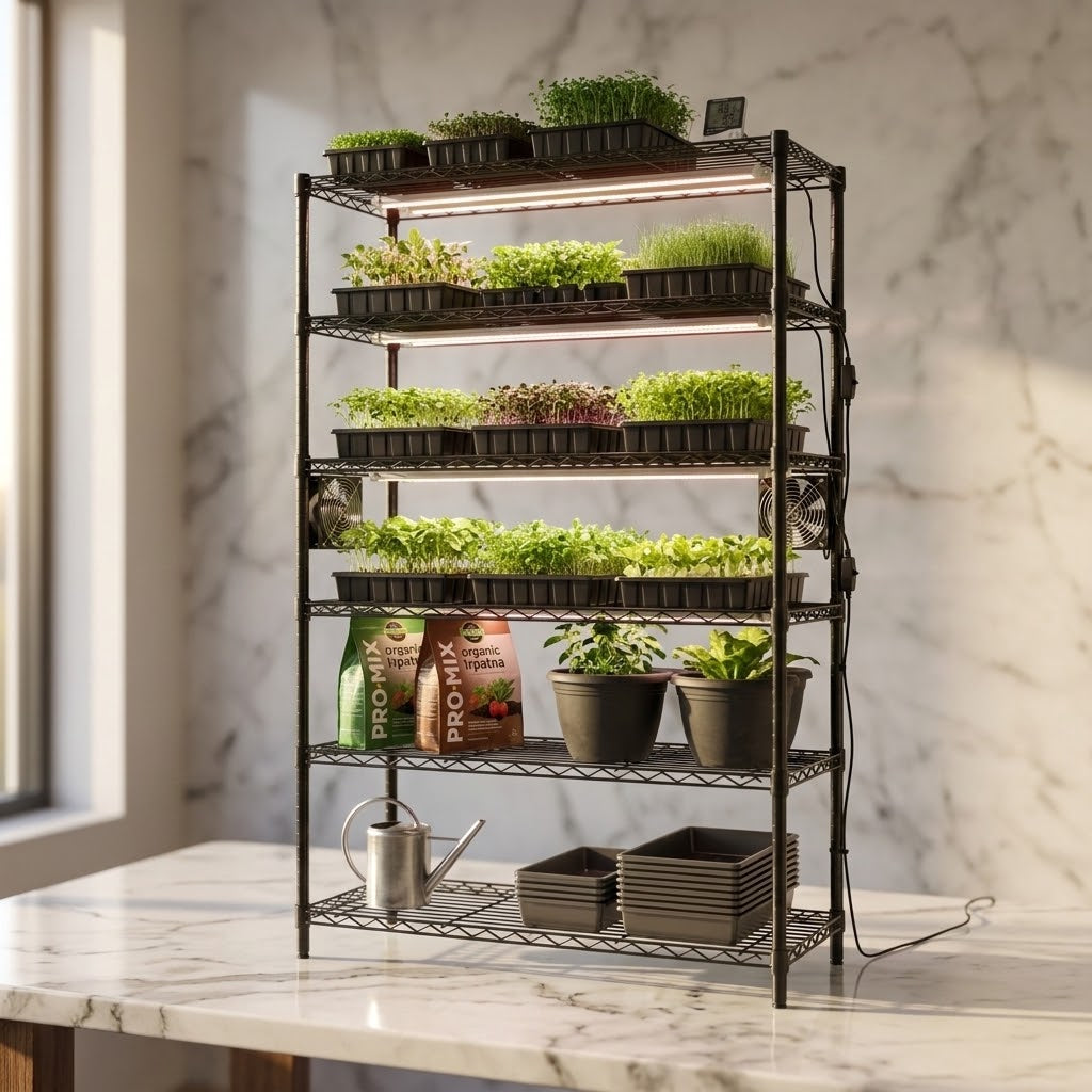 Indoor microgreen growing rack with trays and LED lights beside a window