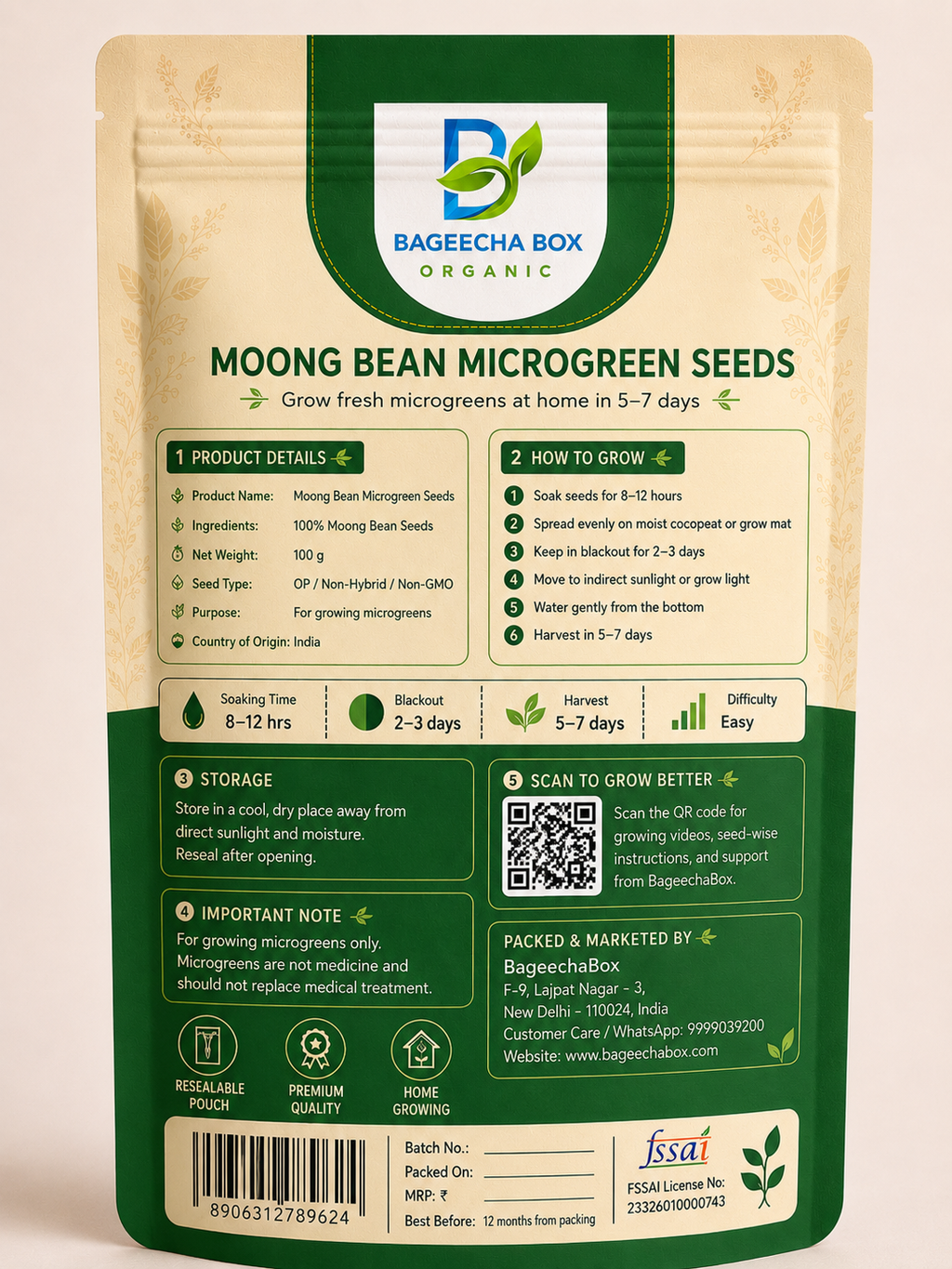 Moong Bean microgreen seeds pack – back label with growing instructions | BageechaBox
