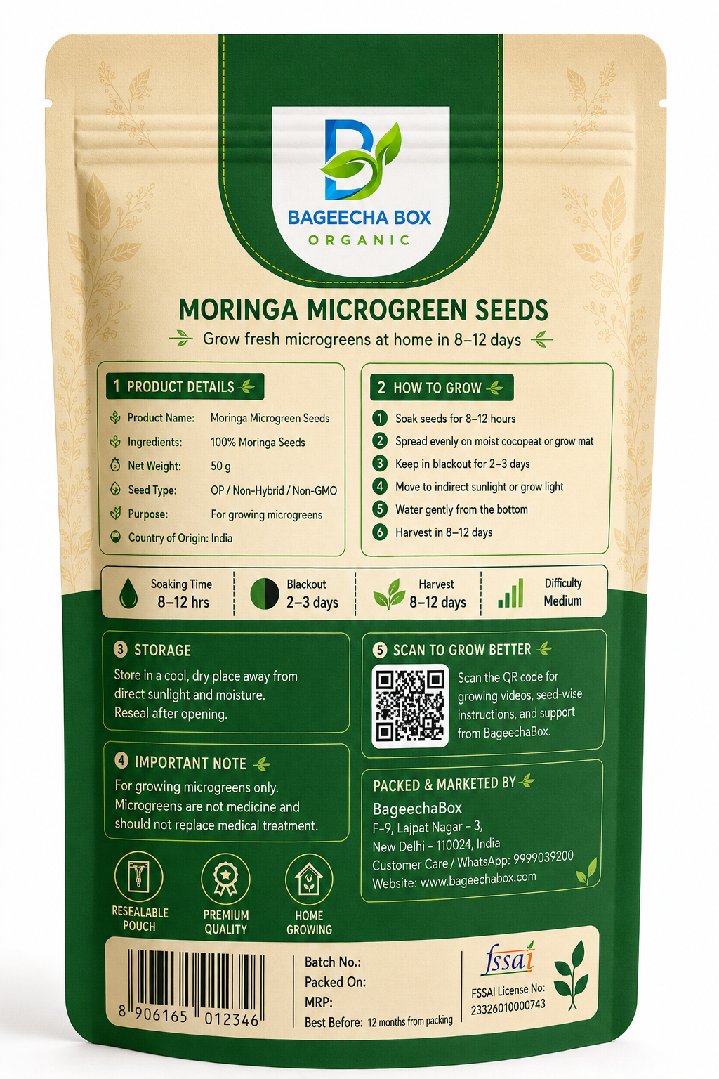 Moringa microgreen seeds pack – back label with growing instructions | BageechaBox