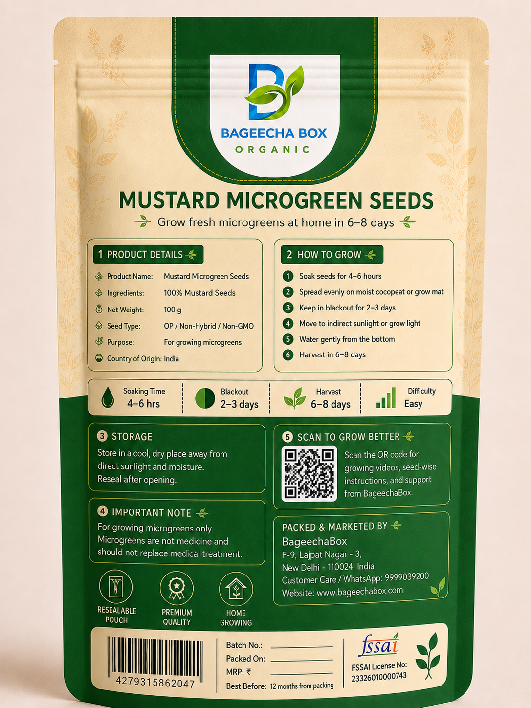 Mustard Sarson microgreen seeds pack – back label with growing instructions | BageechaBox