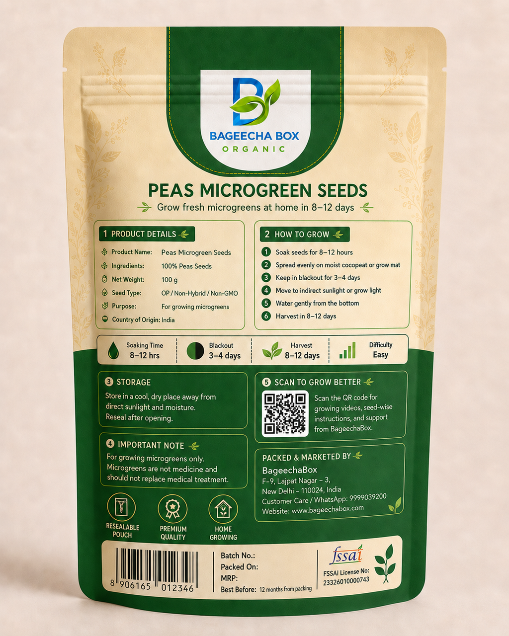 Peas Matar microgreen seeds pack – back label with growing instructions | BageechaBox