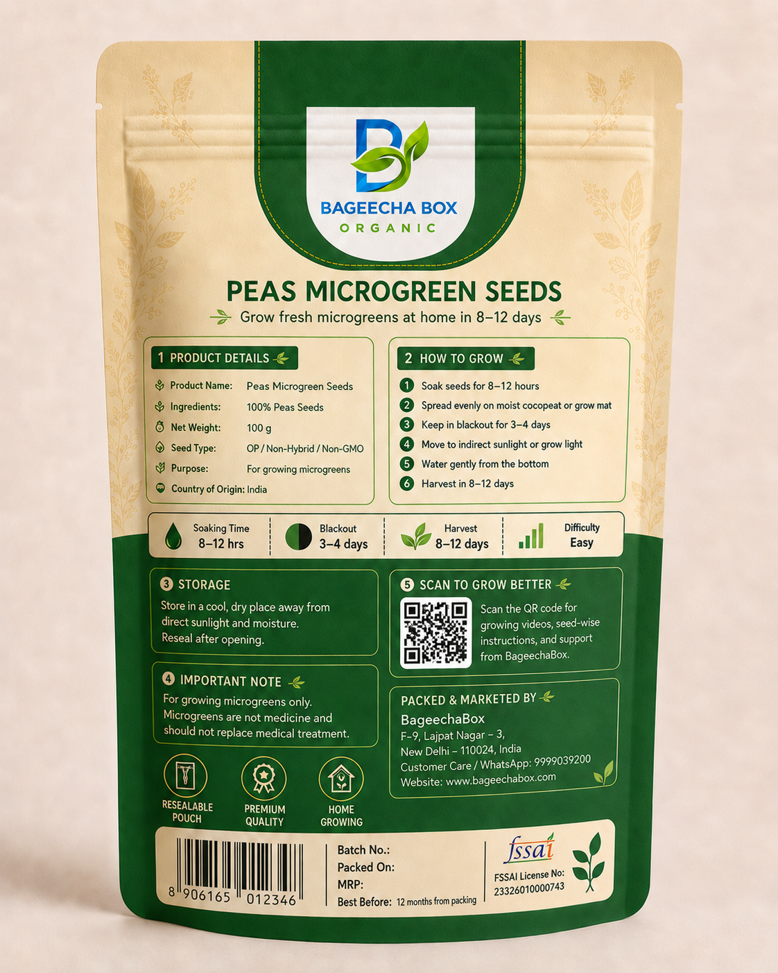 Peas Matar microgreen seeds pack – back label with growing instructions | BageechaBox