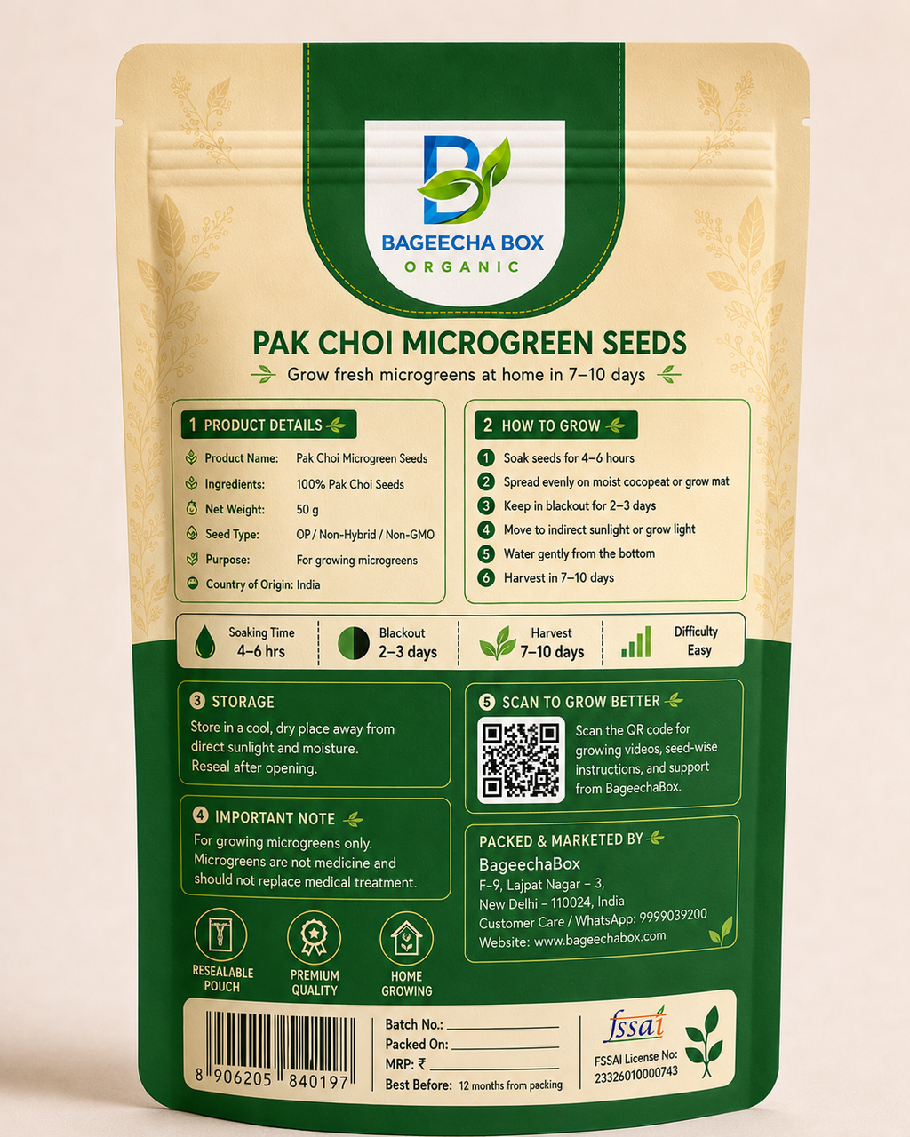 Pak Choi microgreen seeds pack – back label with growing instructions | BageechaBox