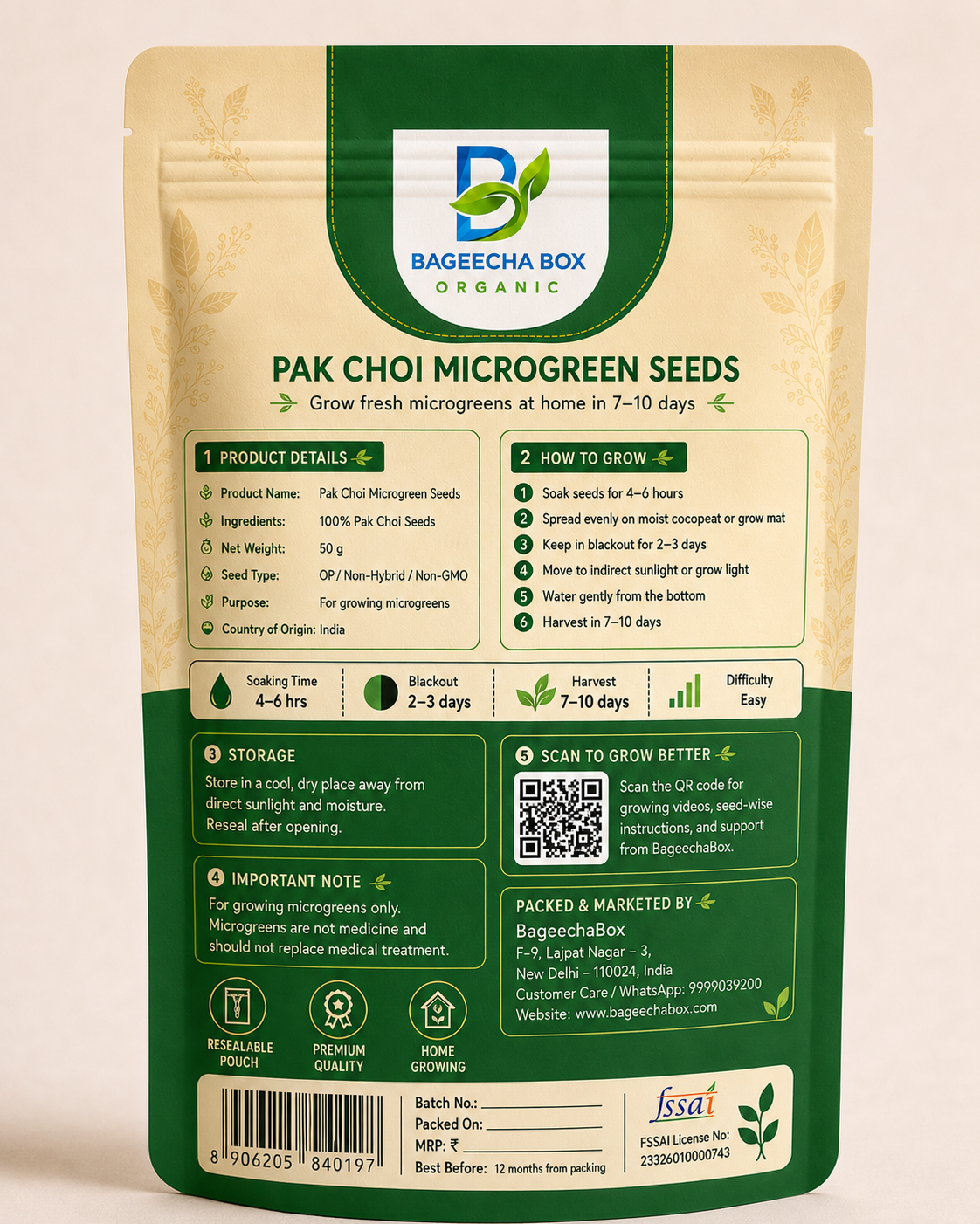 Pak Choi microgreen seeds pack – back label with growing instructions | BageechaBox