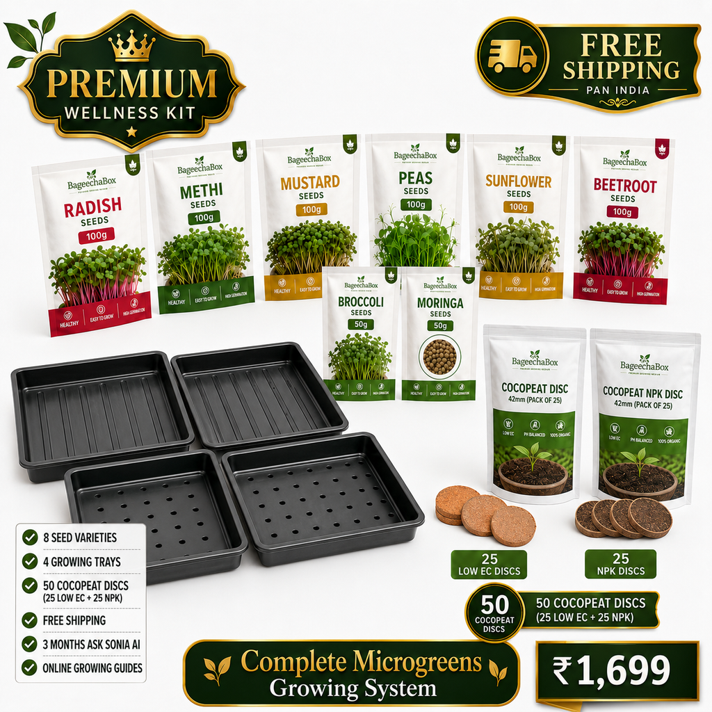 BageechaBox Premium Wellness Microgreens Kit – 8 non-GMO seed varieties with NPK cocopeat, 4 growing trays and Ask Sonia AI support