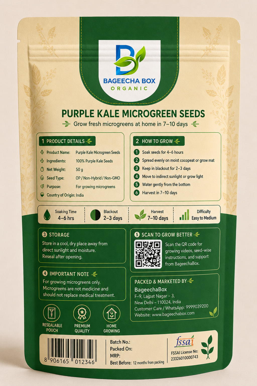 Purple Kale microgreen seeds pack – back label with growing instructions | BageechaBox