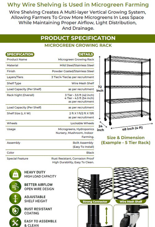 BageechaBox microgreen rack side view – adjustable wire shelves for 10x10 trays and grow lights