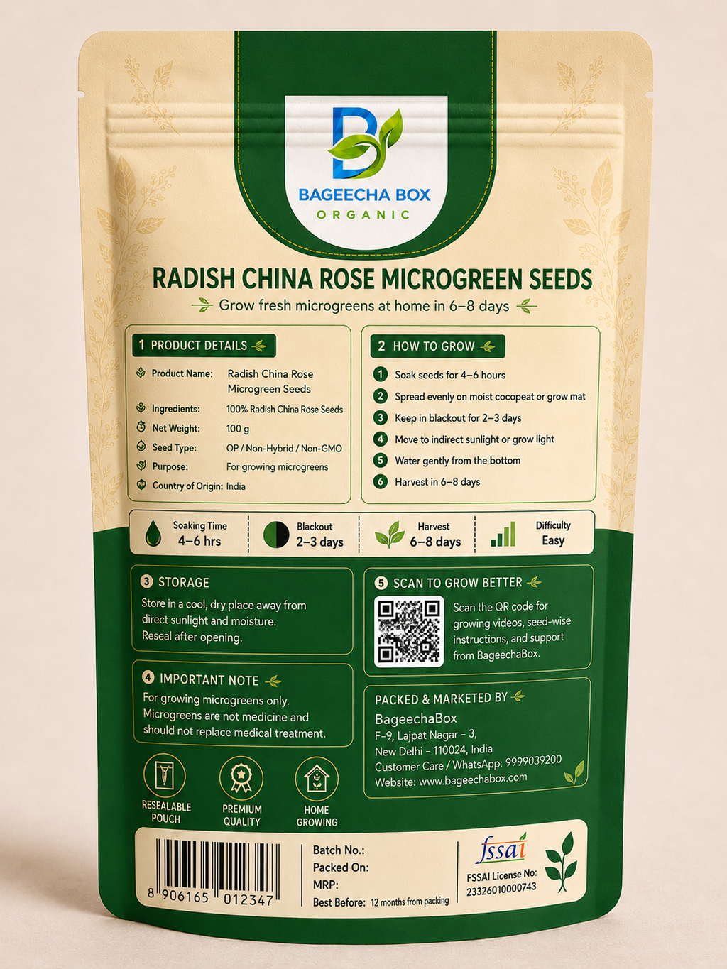 Radish China Rose microgreen seeds pack – back label with growing instructions | BageechaBox