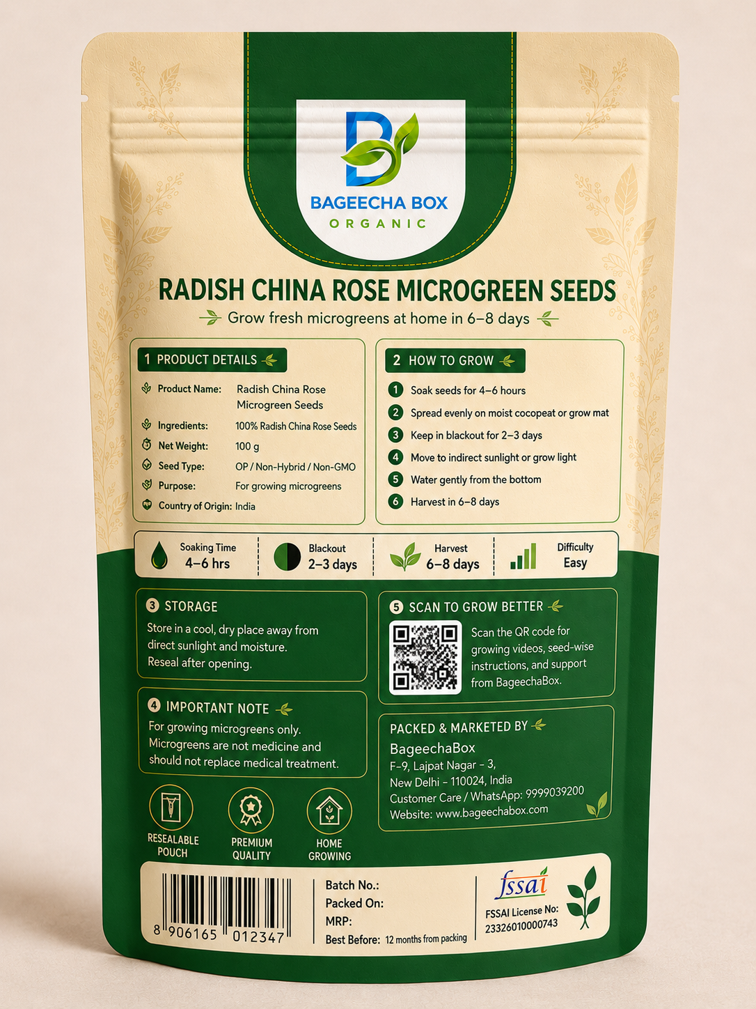 Radish China Rose microgreen seeds pack – back label with growing instructions | BageechaBox