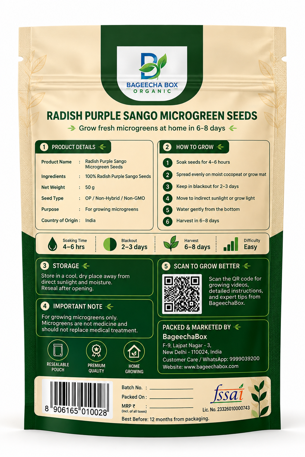 Radish Purple Sango microgreen seeds back – growing guide, nutrition info | BageechaBox India