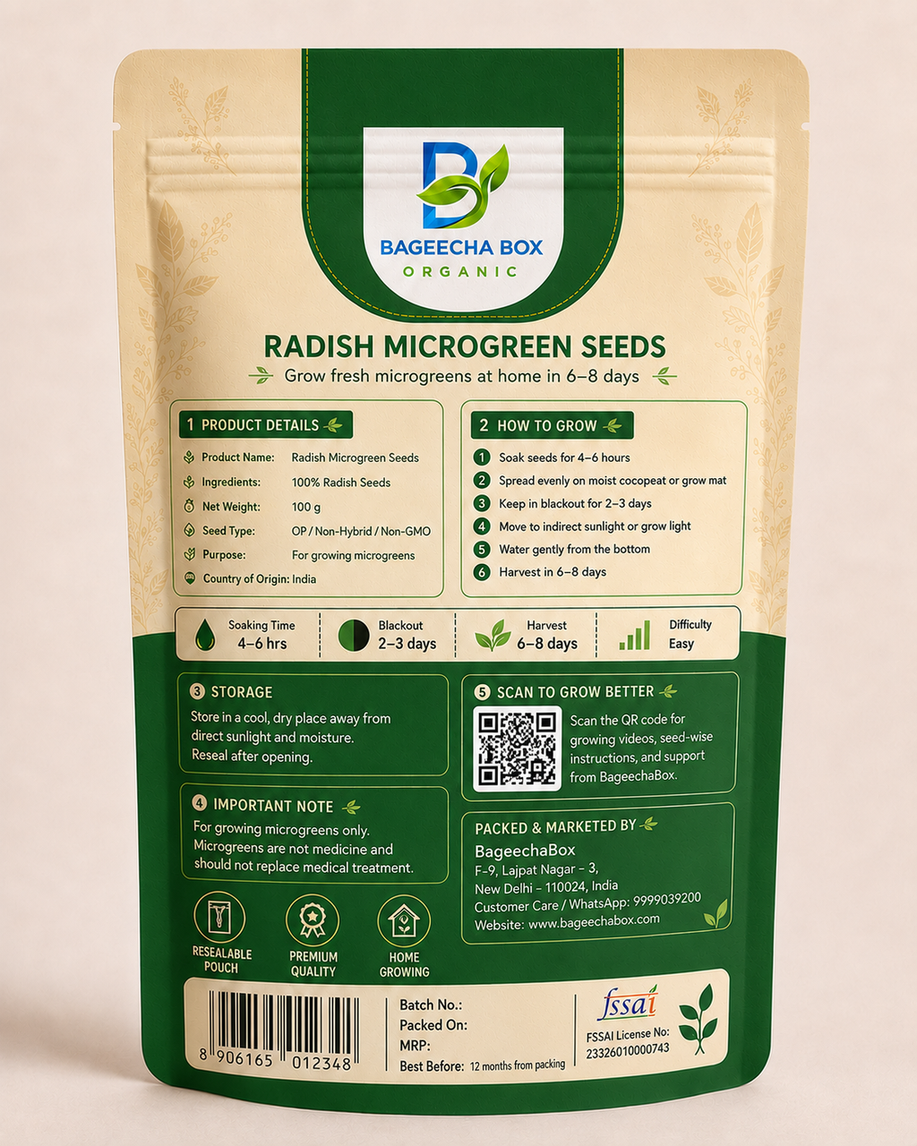 Radish Mooli microgreen seeds pack – back label with growing instructions | BageechaBox