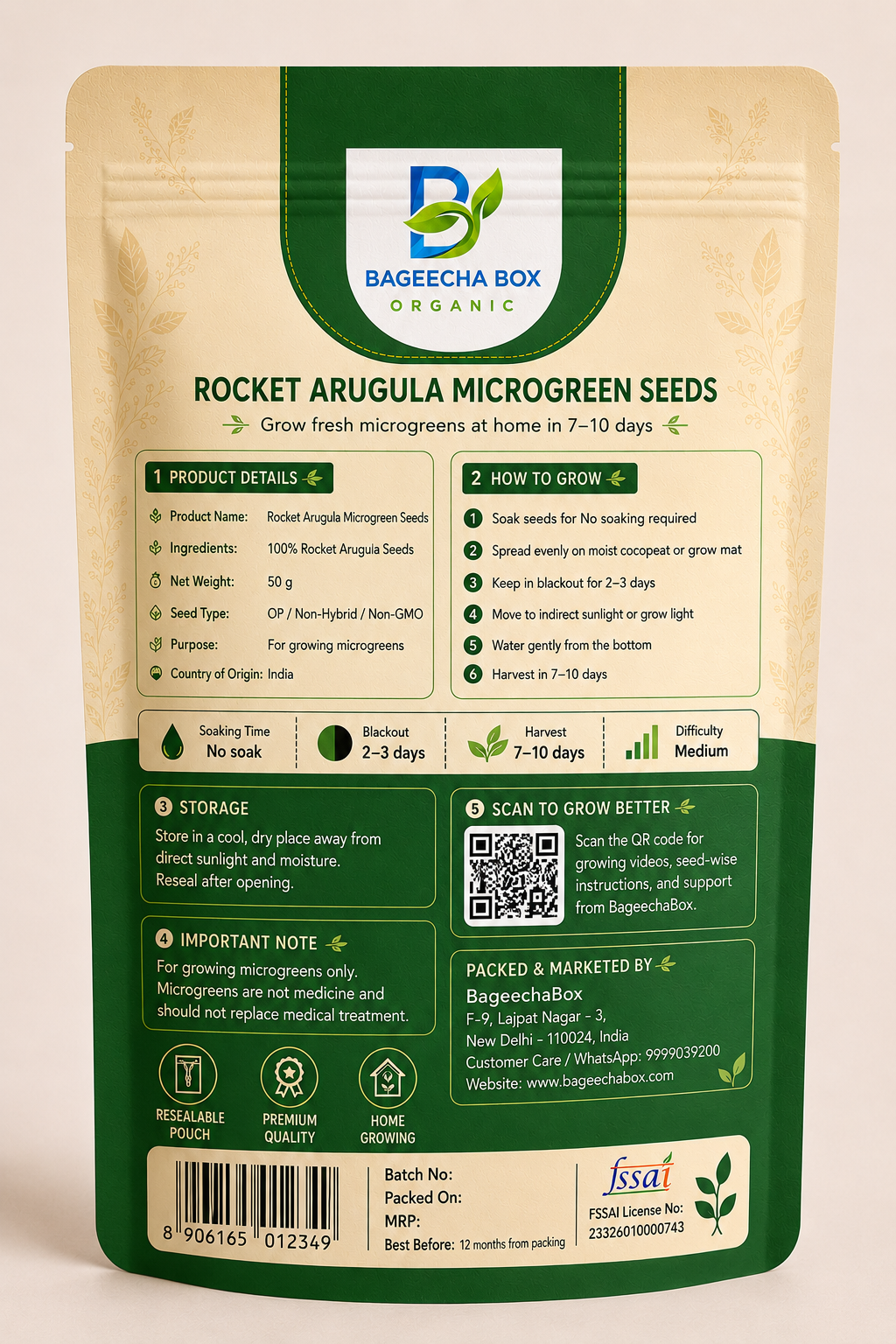 Rocket Arugula microgreen seeds pack – back label with growing instructions | BageechaBox