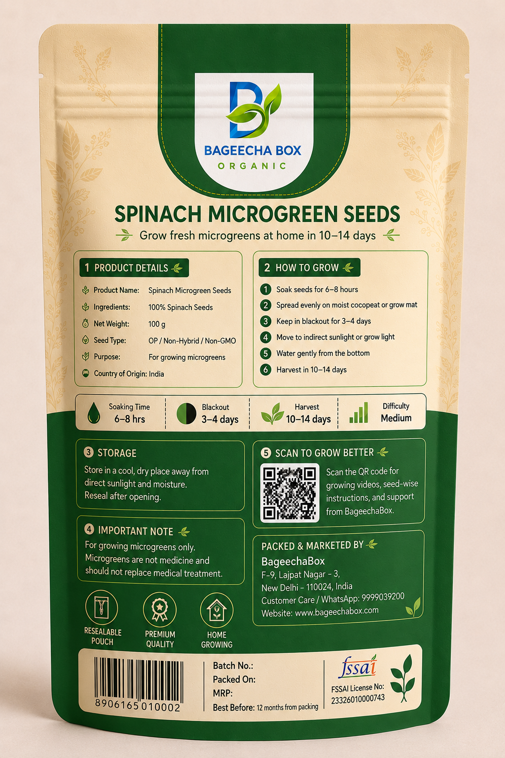 Spinach Palak microgreen seeds pack – back label with growing instructions | BageechaBox
