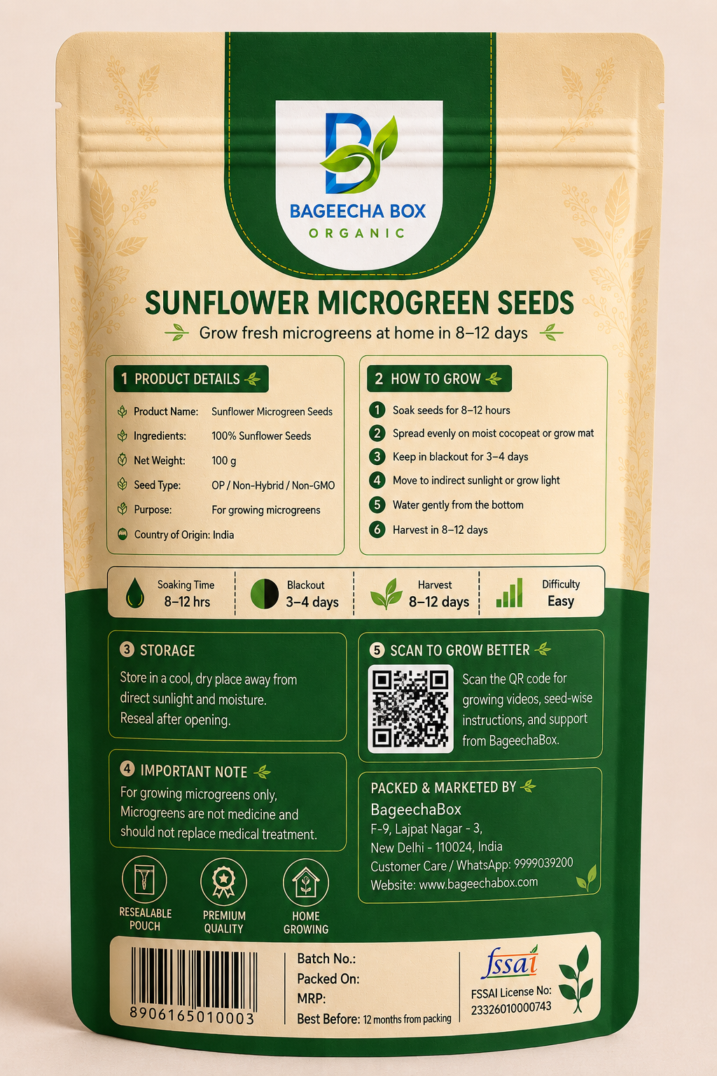 Sunflower microgreen seeds pack – back label with growing instructions | BageechaBox