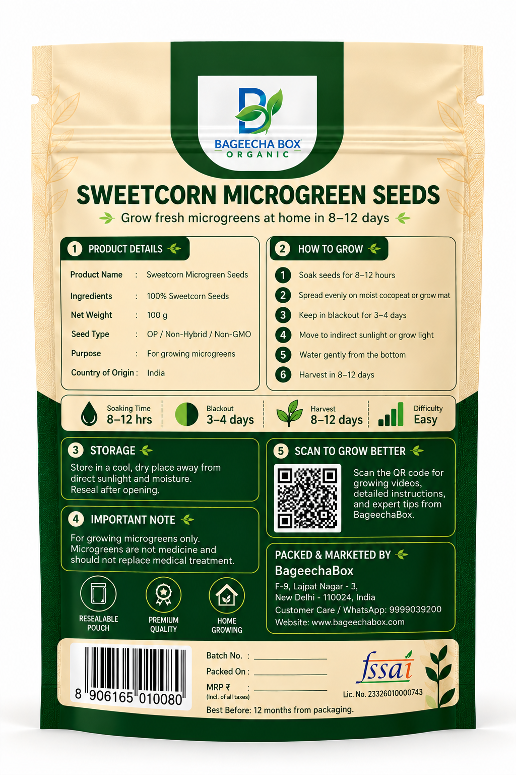 Sweet Corn microgreen seeds back – growing guide, nutrition info | BageechaBox India