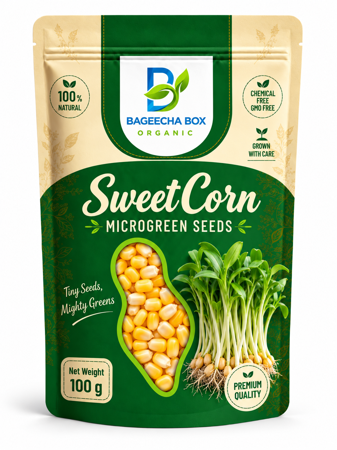 Sweet Corn microgreen seeds front – non-GMO, sweet, energy-boosting | BageechaBox India